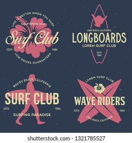 Vintage Surfing Emblems for web design or print. Surfer logo templates. Surf Badges. Summer fun. Surfboard elements. Outdoors activity - boarding on waves. Vector.