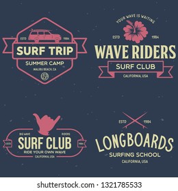 Vintage Surfing Emblems for web design or print. Surfer logo templates. Surf Badges. Summer fun. Surfboard elements. Outdoors activity - boarding on waves. Vector.