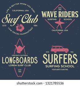 Vintage Surfing Emblems for web design or print. Surfer logo templates. Surf Badges. Summer fun. Surfboard elements. Outdoors activity - boarding on waves. Vector.