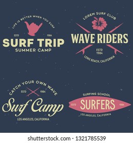 Vintage Surfing Emblems for web design or print. Surfer logo templates. Surf Badges. Summer fun. Surfboard elements. Outdoors activity - boarding on waves. Vector.