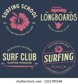 Vintage Surfing Emblems for web design or print. Surfer logo templates. Surf Badges. Summer fun. Surfboard elements. Outdoors activity - boarding on waves. Vector.