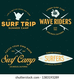 Vintage Surfing Emblems for web design or print. Surfer logo templates. Surf Badges. Summer fun. Surfboard elements. Outdoors activity - boarding on waves. Vector.