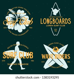 Vintage Surfing Emblems for web design or print. Surfer logo templates. Surf Badges. Summer fun. Surfboard elements. Outdoors activity - boarding on waves. Vector.