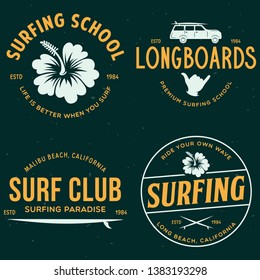 Vintage Surfing Emblems for web design or print. Surfer logo templates. Surf Badges. Summer fun. Surfboard elements. Outdoors activity - boarding on waves. Vector.