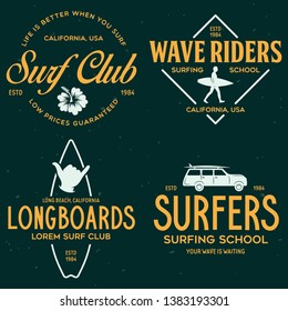 Vintage Surfing Emblems for web design or print. Surfer logo templates. Surf Badges. Summer fun. Surfboard elements. Outdoors activity - boarding on waves. Vector.