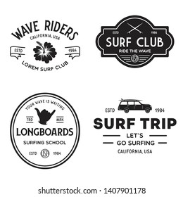 Vintage Surfing Emblems for web design or print. Surfer logo templates. Surf Badges. Summer fun. Surfboard elements. Outdoors activity - boarding on waves. Vector.