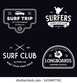 Vintage Surfing Emblems for web design or print. Surfer logo templates. Surf Badges. Summer fun. Surfboard elements. Outdoors activity - boarding on waves. Vector.