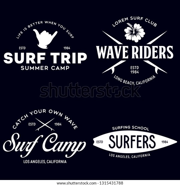 Vintage Surfing Emblems for\
web design or print. Surfer logo templates. Surf Badges. Summer\
fun. Surfboard elements. Outdoors activity - boarding on waves.\
Vector.