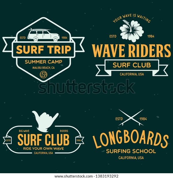 Vintage Surfing Emblems for\
web design or print. Surfer logo templates. Surf Badges. Summer\
fun. Surfboard elements. Outdoors activity - boarding on waves.\
Vector.