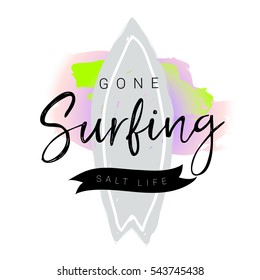 Vintage Surfing Graphics and Emblem Gone surfing for web design, print, T-shirt. Surfer, beach style logo design. Surf Badge. Surfboard seal, elements, symbols. Summer boarding on waves. 