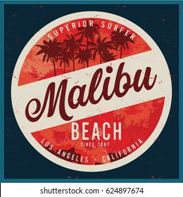 Vintage surfing graphics and Emblem with grunge background.