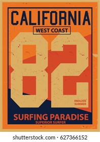 Vintage Surfing graphics and Emblem with grunge background.