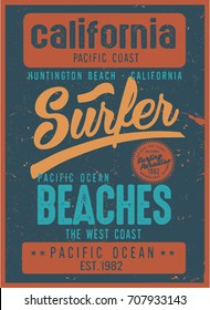 Vintage Surfing graphics and Emblem with grunge background.