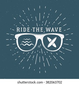 Vintage Surfing Graphics and Emblem for web design or print. Surfer, beach style logo design. Glass Surf Badge. Surfboard seal, element, symbols Summer boarding. Ride the wave. Vector hipster insignia