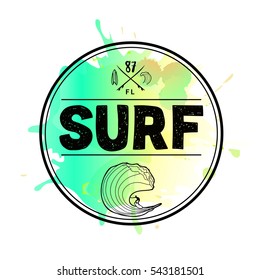 Vintage Surfing Graphics and Emblem for web design or print. Surfer, beach style logo. Surf Badge. Surfboard seal, elements, symbols. Vector hipster insignia. Watercolor background.