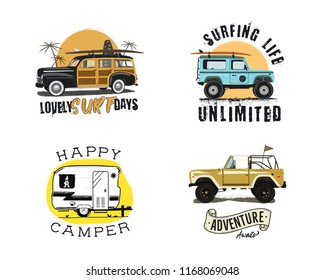 Vintage surfing graphics and emblems set for web design or print. Surfer logo templates. Surf Badges. Summer fun. Surfboard elements. Outdoors activity - boarding on waves. Vector hipster insignias.