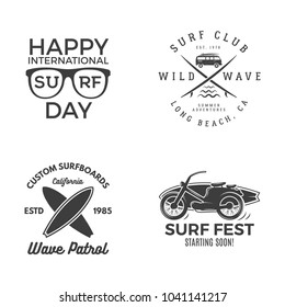 Vintage Surfing Graphics and Emblems for web design or print. Surfer logo templates. Stock vector isolated on white