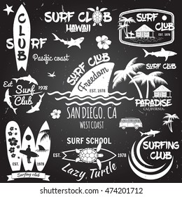 Vintage Surfing Graphics and emblems for web design or print. Vector illustration.