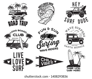 Vintage Surfing Graphics Logos Set for web design or print. Surfer badges templates. Surf emblems. Summer surfboard, palms elements. Outdoors activity - boarding on waves. Vector hipster insignia.