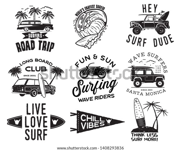Vintage Surfing Graphics Logos Set for web\
design or print. Surfer badges templates. Surf emblems. Summer\
surfboard, palms elements. Outdoors activity - boarding on waves.\
Vector hipster\
insignia.