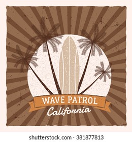 Vintage Surfing Graphics and Poster for web design or print. Surfer, beach style logo design. Surf Badge. Surfboard seal, elements, symbols Summer boarding wave patrol. Vector hipster insignia, patch