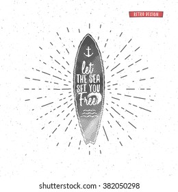 Vintage Surfing Graphics and Poster for web design or print. Surfer, beach style lettering. Surf typography Badge. Surfboard seal, elements, symbols. Summer boarding. Vector hipster insignia, patch.