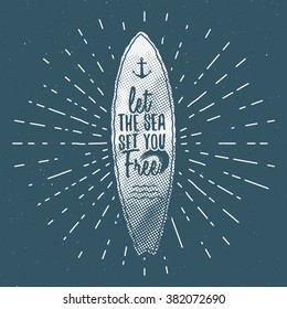 Vintage Surfing Graphics and Poster for web design or print. Surfer, beach style logo design. Surf Badge. Surfboard seal, elements, symbols. Summer boarding wave patrol. Vector hipster insignia, patch