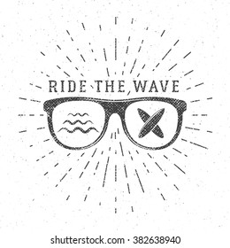 Vintage Surfing Graphics and Poster for web design or print. Surfer glasses emblem summer beach logo design. Surf Badge. Surfboard seal, element Summer boarding. Ride the wave vector hipster insignia.