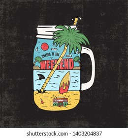 Vintage Surfing Graphics Print für Web-Design oder Hemden, Poster. Ungewöhnliche Landschaft der Strandsurfszene mit Retro-Tonbandgerät, Palmen, Surfbrett, Meer und Hai im Glas. Sommer im Freien. Stock-Vektorgrafik