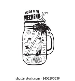 Vintage Surfing Graphics Print for web design or shirts. Unusual beach silhouette surf scene landscape with retro tape recorder, palms, surfboard, sea, shark inside jar. Outdoor summer. Stock vector