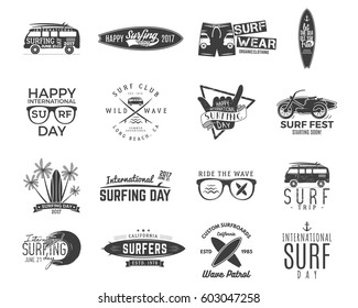 Vintage Surfing Graphics and retro logo set for web design or print. Surfer retro insignias, beach style. Surf Badges. Surfboard seal, extreme sports symbols. Summer emblems. Vector hipster style.