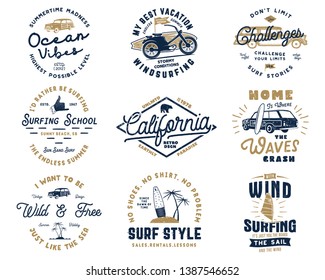 Vintage Surfing Graphics Set and Emblems for web design or print. Surfer logo templates. Surf Badges. Summer typography insignia collection for t shirt. Stock Vector hipster patches isolated on white.