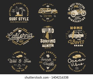 Vintage Surfing Graphics Set and Emblems for web design or print. Surfer logo templates. Surf Badges. Summer typography insignia collection for t shirt. Stock Vector hipster patches isolated