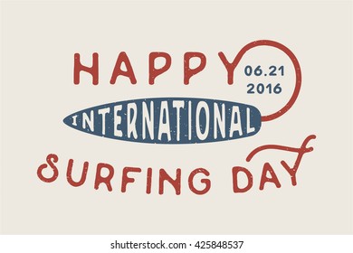 Vintage surfing logo, emblem, badge, label, mark. International surfing 2016 day card. Graphic art. Vector Illustration.