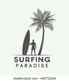 Vintage surfing logo, emblem, badge, label, mark. International surfing 2016 day card. Graphic art. Vector Illustration. 