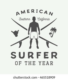 Vintage surfing logo, emblem, badge, label, mark. International surfing 2016 day card. Graphic art. Vector Illustration.

