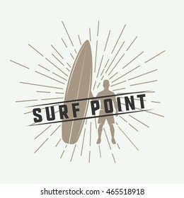 Vintage surfing logo, emblem, badge, label, mark. International surfing 2016 day card. Graphic art. Vector Illustration.

