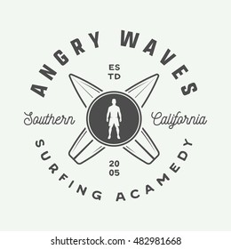 Vintage surfing logo, emblem, badge, label, mark. International surfing day card. Graphic art. Vector Illustration. Graphic Art.

