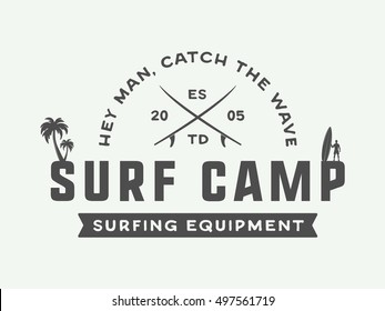 Vintage surfing logo, emblem, badge, label, mark. International surfing day card. Graphic art. Vector Illustration.

