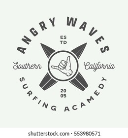 Vintage surfing logo, emblem, badge, label, mark. International surfing day card. Graphic art. Vector Illustration. Graphic Art.


