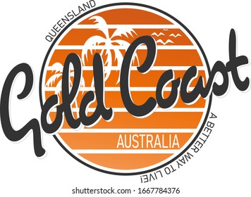 vintage surfing logo with gradients. Vector design for tees or board with palm, waves and surfboards, on a white background