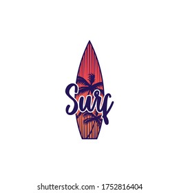 Vintage Surfing logo template. Surf Badge. Summer fun. Surfboard elements. Outdoors activity - boarding on waves.