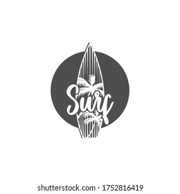 Vintage Surfing logo template. Surf Badge. Summer fun. Surfboard elements. Outdoors activity - boarding on waves.