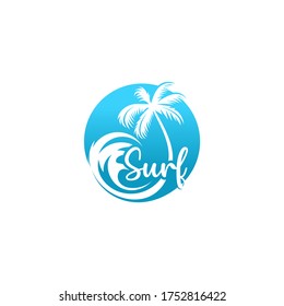 Vintage Surfing logo template. Surf Badge. Summer fun. Surfboard elements. Outdoors activity - boarding on waves.