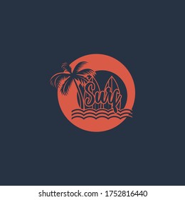 Vintage Surfing logo template. Surf Badge. Summer fun. Surfboard elements. Outdoors activity - boarding on waves.