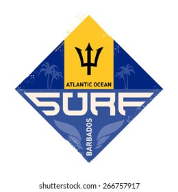 Vintage surfing logo. Vector design template for tees or board with palm and waves.