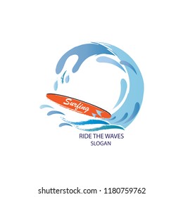 Vintage surfing logotype, badge or emblem. Surfer, beach style logo design. Summer boarding on waves