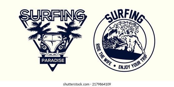 vintage surfing monochrome logo set