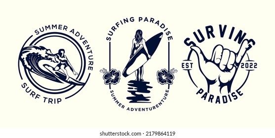 vintage surfing monochrome logo set