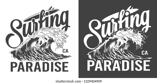 Vintage surfing paradise label with ocean wave in monochrome style isolated vector illustration